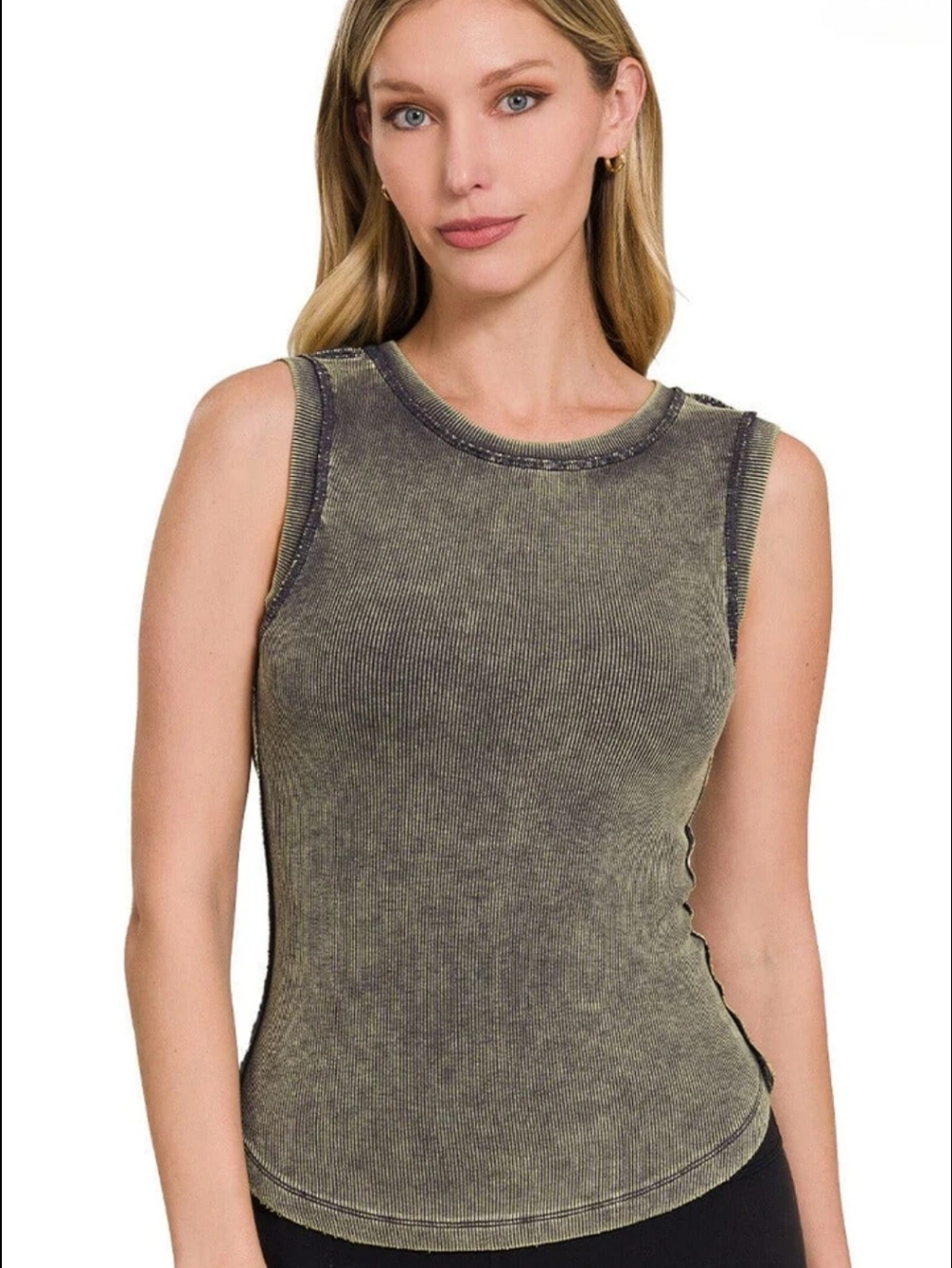Zenana Washed Ribbed Sleeveless Tank Top Size Large Green